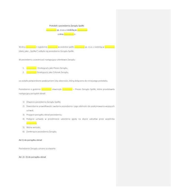 1 strona protokół z posiedzenia zarządu – zgoda na zbycie