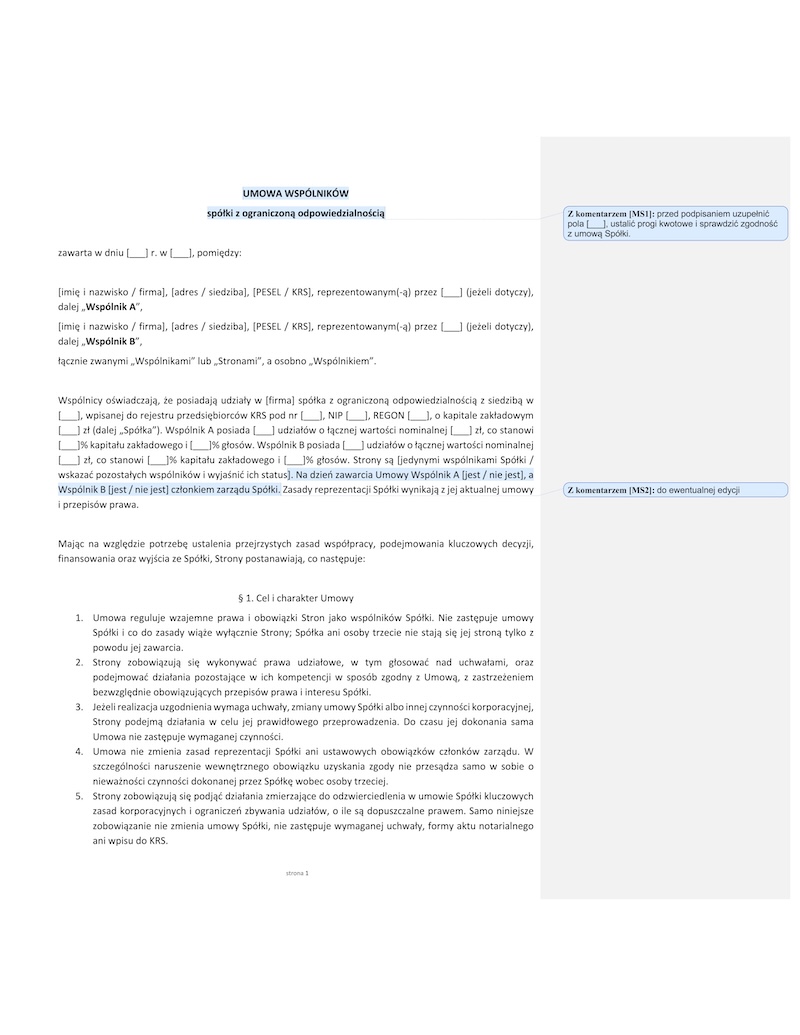 Umowa wspólników sp. z o.o. – wzór Word i PDF - obrazek 2